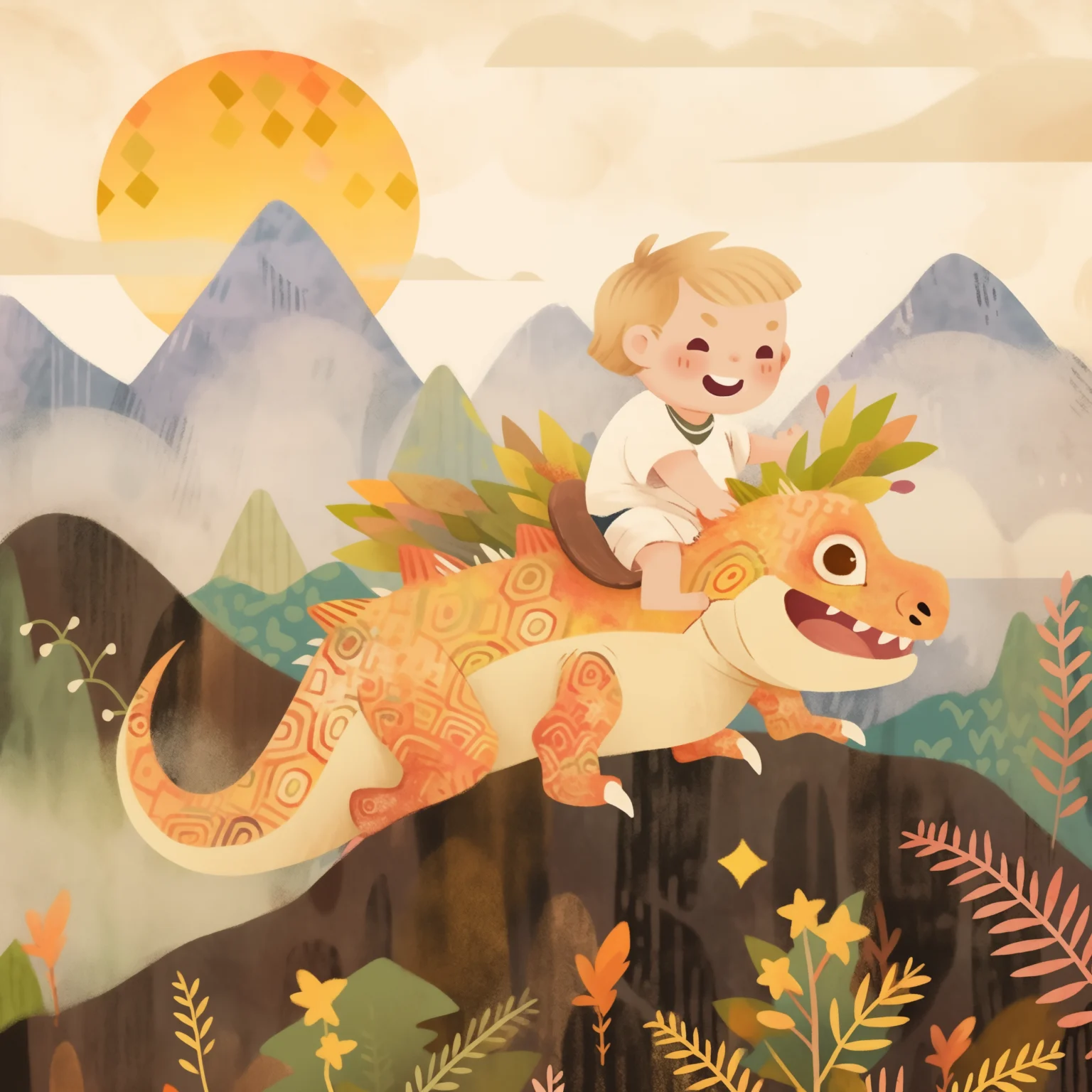 malino_malin_A_boy_child_with_wavy_blonde_hair_riding_a_dinosau_b2692429-091e-4e04-87fd-acb61d687fb4